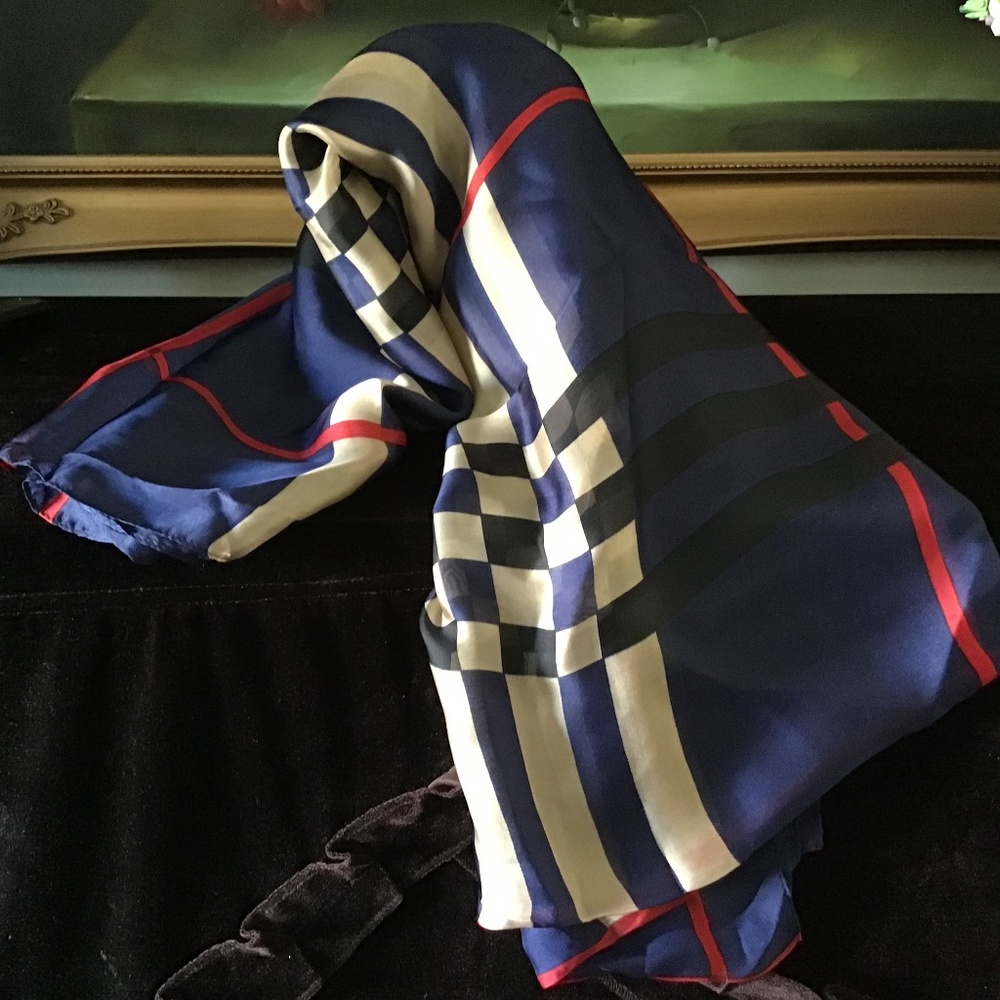 Women silk oversized Nava Check Plaid long scarf shawl wrap 36"x70" Navy